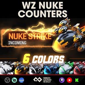 May include: A digital graphic titled WZ NUKE COUNTERS featuring a large black and yellow nuclear bomb icon with a glowing orange lightning effect. The text reads NUKE STRIKE INCOMING and 6 COLORS, showcasing six variations of the bomb in white, yellow, black, blue, green, and red.