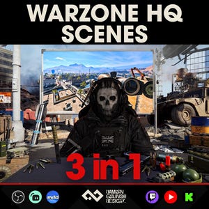 Può includere: Illustrazione digitale con il testo "WARZONE HQ SCENES" in alto. L'immagine mostra un personaggio con una maschera a teschio, circondato da equipaggiamento militare e uno schermo che mostra una scena di battaglia. Il testo "3 in 1" è visibile.