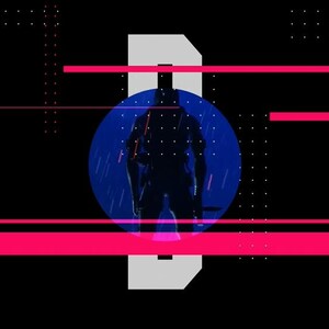 Puede incluir: Arte digital abstracto con fondo negro, que presenta una figura silueteada dentro de un c&iacute;rculo azul con efectos de lluvia. Destacan l&iacute;neas horizontales rosas brillantes y una gran letra 'B' blanca. El texto 'TRANSITION 02' y '0202020' est&aacute; alineado verticalmente a la izquierda.