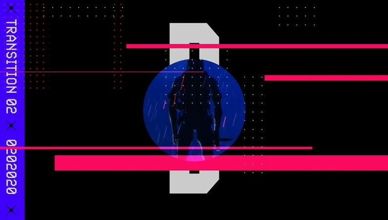 Puede incluir: Arte digital abstracto con fondo negro, que presenta una figura silueteada dentro de un c&iacute;rculo azul con efectos de lluvia. Destacan l&iacute;neas horizontales rosas brillantes y una gran letra 'B' blanca. El texto 'TRANSITION 02' y '0202020' est&aacute; alineado verticalmente a la izquierda.