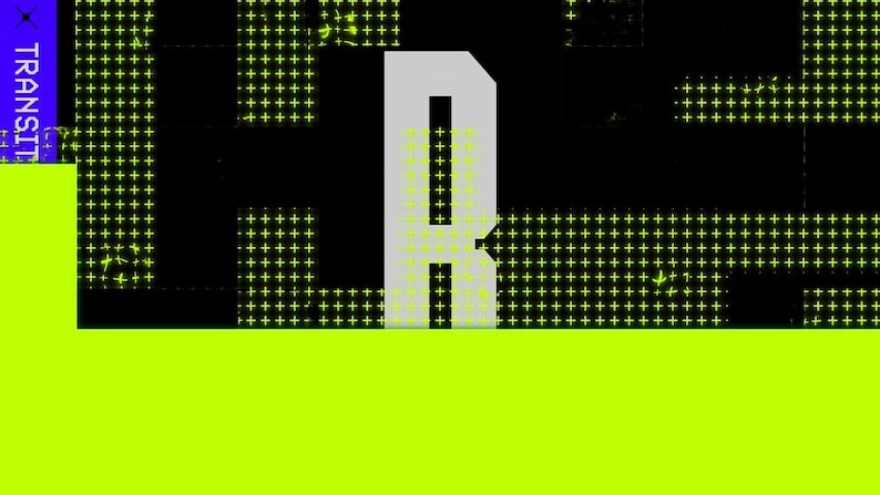 Puede incluir: Dise&ntilde;o gr&aacute;fico abstracto con una gran letra "R" estilizada en gris sobre un fondo negro. El fondo est&aacute; lleno de una cuadr&iacute;cula de peque&ntilde;os signos m&aacute;s amarillos. Un &aacute;rea verde brillante est&aacute; en la parte inferior, y la palabra "TRANSIT" est&aacute; a la izquierda.