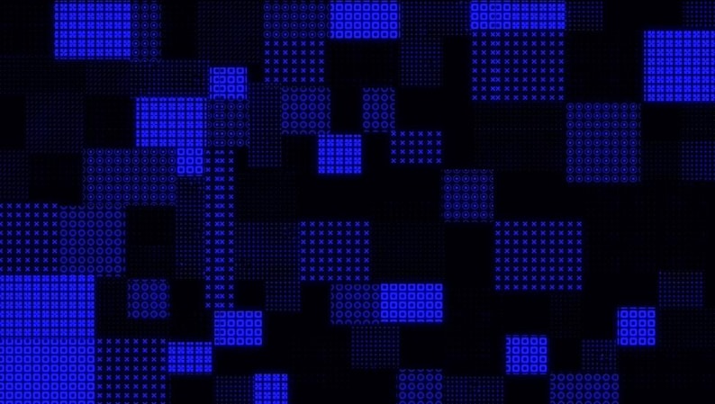 Puede incluir: Arte digital abstracto con un fondo oscuro y un patr&oacute;n de cuadrados azules. Los cuadrados var&iacute;an en tama&ntilde;o y est&aacute;n llenos de formas geom&eacute;tricas m&aacute;s peque&ntilde;as, creando un efecto texturizado y pixelado. El dise&ntilde;o general es moderno y gr&aacute;fico.