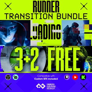 Puede incluir: Gr&aacute;fico digital con el texto "RUNNER TRANSITION BUNDLE" en verde ne&oacute;n. La imagen incluye im&aacute;genes futuristas, un robot y las palabras "LOADING" y "3+2 FREE". El dise&ntilde;o se establece sobre un fondo azul y verde vibrante.
