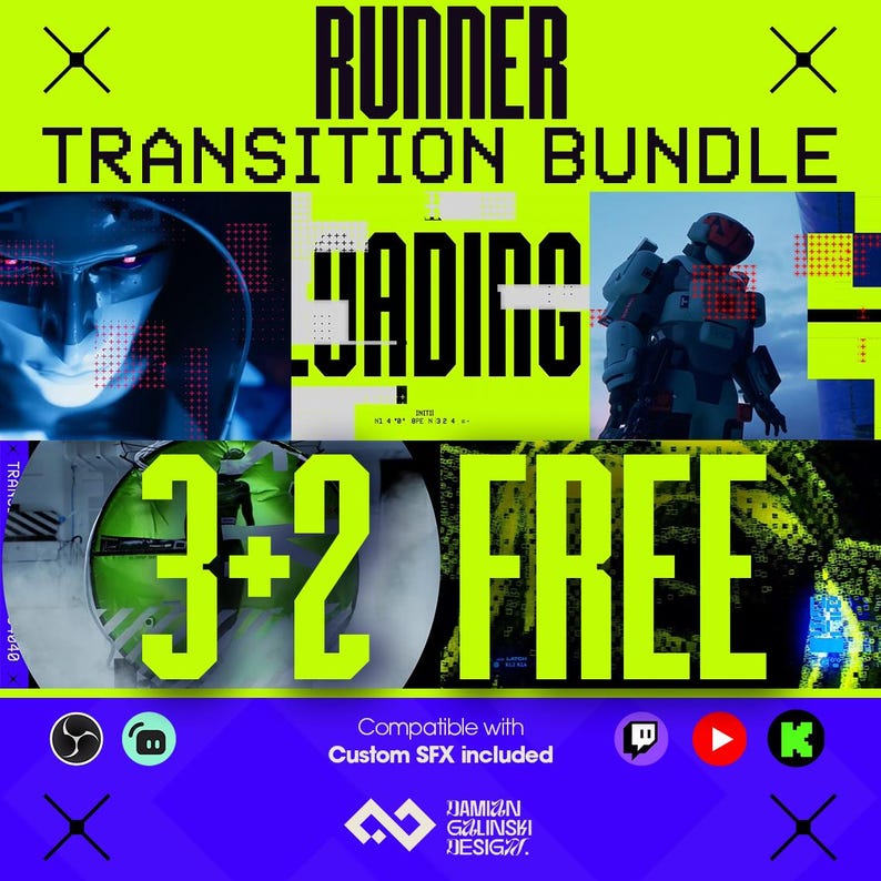 Puede incluir: Gr&aacute;fico digital con el texto "RUNNER TRANSITION BUNDLE" en verde ne&oacute;n. La imagen incluye im&aacute;genes futuristas, un robot y las palabras "LOADING" y "3+2 FREE". El dise&ntilde;o se establece sobre un fondo azul y verde vibrante.