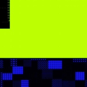 Puede incluir: Arte digital abstracto con un rect&aacute;ngulo verde ne&oacute;n y un fondo con patrones negros y azules. La palabra "TRANSIT" se muestra verticalmente en blanco sobre un fondo p&uacute;rpura.