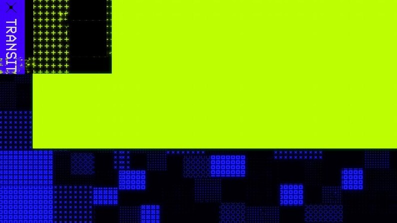 Puede incluir: Arte digital abstracto con un rect&aacute;ngulo verde ne&oacute;n y un fondo con patrones negros y azules. La palabra "TRANSIT" se muestra verticalmente en blanco sobre un fondo p&uacute;rpura.