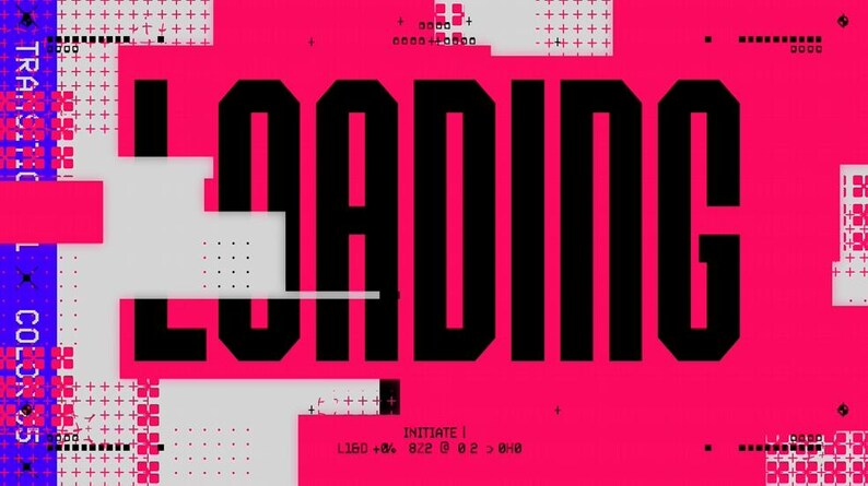 Puede incluir: Un dise&ntilde;o gr&aacute;fico con la palabra "LOADING" en letras negras en negrita sobre un fondo rosa brillante. El dise&ntilde;o incluye formas geom&eacute;tricas, texto y una paleta de colores rosa, blanco, negro y azul.