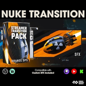 Puede incluir: Imagen promocional para un paquete de "Nuke Transition" para streamers. El diseño presenta un gráfico de bomba estilizada con colores naranja y negro, y el texto "Streamer Transition Pack" y "Orange Ops". La imagen también incluye iconos de redes sociales.