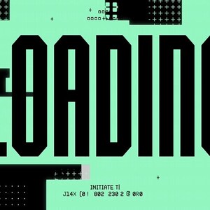 Puede incluir: Obra de arte digital con la palabra "LOADING" en letras negras en negrita sobre un fondo verde claro. El dise&ntilde;o incluye formas geom&eacute;tricas y elementos de texto en blanco y negro, con acentos en azul y morado.