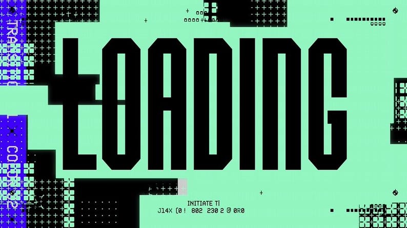 Puede incluir: Obra de arte digital con la palabra "LOADING" en letras negras en negrita sobre un fondo verde claro. El dise&ntilde;o incluye formas geom&eacute;tricas y elementos de texto en blanco y negro, con acentos en azul y morado.