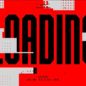 Puede incluir: Dise&ntilde;o gr&aacute;fico abstracto con la palabra "LOADING" en letras negras grandes sobre un fondo rojo. El dise&ntilde;o incluye formas geom&eacute;tricas blancas y grises y texto en las esquinas. El texto "INITIATE" tambi&eacute;n es visible.