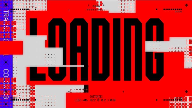 Puede incluir: Dise&ntilde;o gr&aacute;fico abstracto con la palabra "LOADING" en letras negras grandes sobre un fondo rojo. El dise&ntilde;o incluye formas geom&eacute;tricas blancas y grises y texto en las esquinas. El texto "INITIATE" tambi&eacute;n es visible.