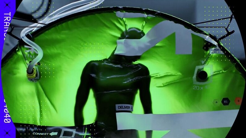 Puede incluir: Una persona dentro de una estructura verde y circular con detalles blancos y tubos. La persona est&aacute; silueteada, con la palabra "DELIVER" visible en una etiqueta. El fondo es de color verde brillante, con una est&eacute;tica futurista.