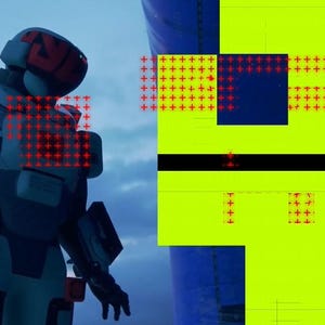 Puede incluir: Un traje blindado futurista blanco y gris con detalles en rojo, incluyendo un casco y detalles en el pecho. El fondo presenta un cielo azul y un dise&ntilde;o abstracto vibrante con bloques amarillos y azules.