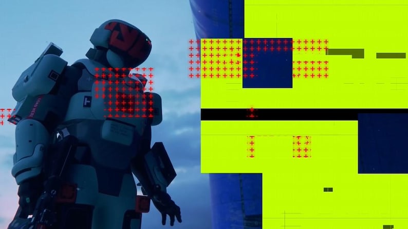 Puede incluir: Un traje blindado futurista blanco y gris con detalles en rojo, incluyendo un casco y detalles en el pecho. El fondo presenta un cielo azul y un dise&ntilde;o abstracto vibrante con bloques amarillos y azules.