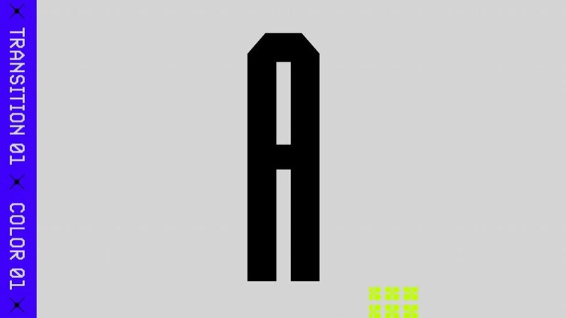 Puede incluir: Un dise&ntilde;o gr&aacute;fico con una gran letra "A" negra sobre un fondo gris claro. La letra tiene una forma geom&eacute;trica &uacute;nica. El texto vertical en azul dice "TRANSITION 01" y "COLOR 01" en el lado izquierdo. Peque&ntilde;os cuadrados amarillo-verdes en la parte inferior.