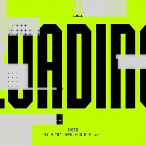 Puede incluir: Obra de arte digital con la palabra "LOADING" en negrita negra sobre un fondo verde ne&oacute;n brillante. El dise&ntilde;o incorpora formas geom&eacute;tricas, patrones pixelados y texto adicional, creando una est&eacute;tica moderna e inspirada en la tecnolog&iacute;a.