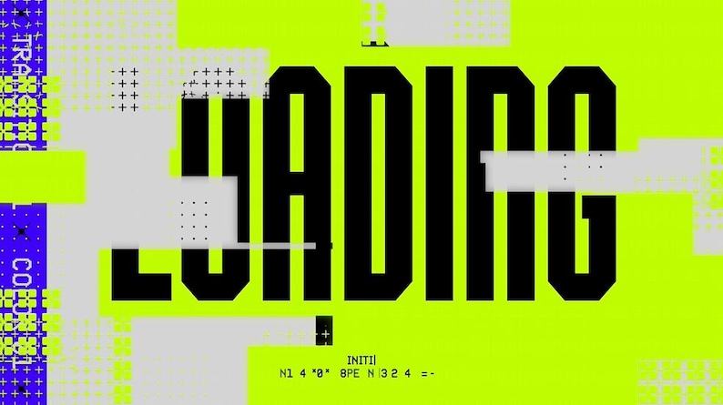 Puede incluir: Obra de arte digital con la palabra "LOADING" en negrita negra sobre un fondo verde ne&oacute;n brillante. El dise&ntilde;o incorpora formas geom&eacute;tricas, patrones pixelados y texto adicional, creando una est&eacute;tica moderna e inspirada en la tecnolog&iacute;a.