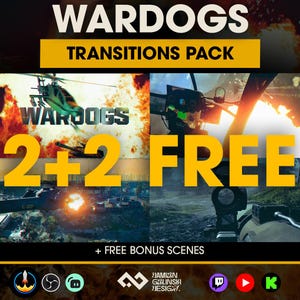 May include: A digital transitions pack titled WARDOGS TRANSITIONS PACK featuring four split-screen action scenes with military helicopters, explosions, and combat equipment. The text 2+2 FREE and + FREE BONUS SCENES is displayed in yellow.