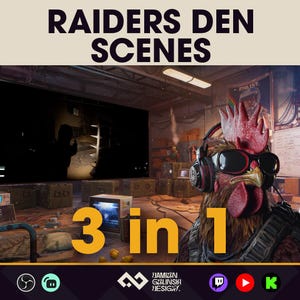 May include: Promotional image for "RAIDERS DEN SCENES" featuring a rooster wearing sunglasses and headphones. The image includes the text "3 in 1" in yellow, and a video game scene background. Social media icons are at the bottom of the image.