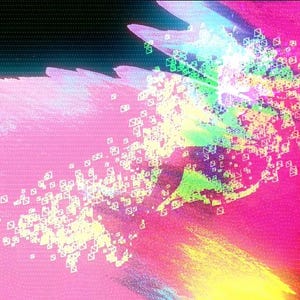 Puede incluir: Arte digital abstracto con una paleta de colores vibrantes. La imagen presenta una mezcla de tonos rosa, amarillo, verde y azul, con un efecto de fallo. El texto en verde y blanco es visible en la esquina superior izquierda e inferior izquierda.
