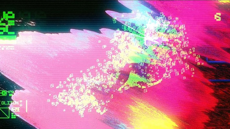 Puede incluir: Arte digital abstracto con una paleta de colores vibrantes. La imagen presenta una mezcla de tonos rosa, amarillo, verde y azul, con un efecto de fallo. El texto en verde y blanco es visible en la esquina superior izquierda e inferior izquierda.