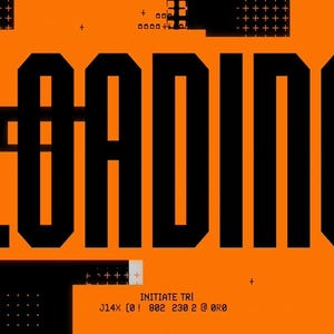 Puede incluir: Un dise&ntilde;o gr&aacute;fico naranja y negro con la palabra "LOADING" en letras negras gruesas. El fondo presenta formas geom&eacute;tricas y texto, incluyendo "TRANSITION COLOR 36" e "INITIATE TRI".