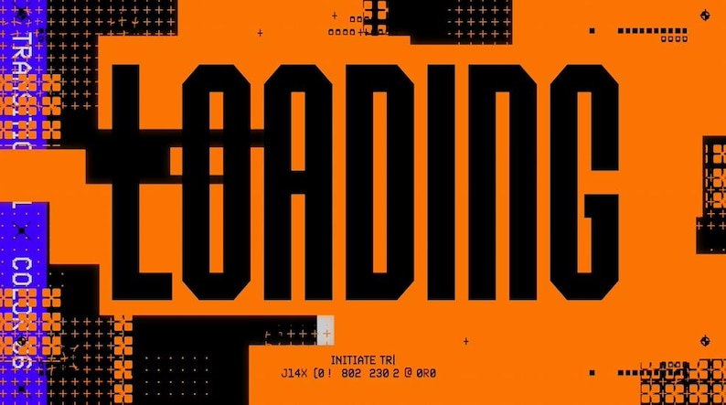 Puede incluir: Un dise&ntilde;o gr&aacute;fico naranja y negro con la palabra "LOADING" en letras negras gruesas. El fondo presenta formas geom&eacute;tricas y texto, incluyendo "TRANSITION COLOR 36" e "INITIATE TRI".