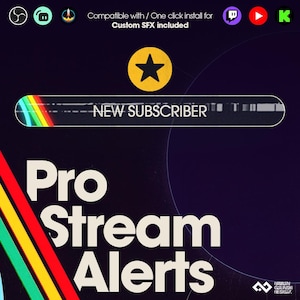 May include: A digital graphic with the text "Pro Stream Alerts" in white, set against a dark purple background. A banner reads "NEW SUBSCRIBER" with a rainbow gradient. The design includes various social media icons and a star.