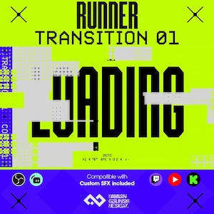 May include: A digital graphic with the words "RUNNER TRANSITION 01" in black, set against a neon green background. The word "LOADING" is prominently displayed in large, bold black letters. Additional text and symbols are scattered throughout the design.