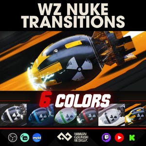 May include: A digital graphic titled WZ NUKE TRANSITIONS featuring a black and yellow nuclear bomb with a radiation symbol. Below, six variations of the bomb are displayed in different colors including white, blue, green, red, and yellow.