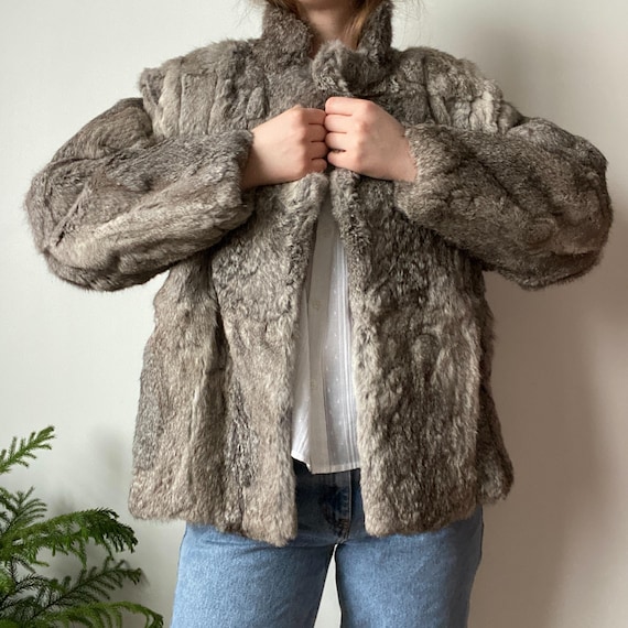 Vintage 1980s Taupe Brown Rabbit Fur Coat Size Small Vintage Fur Jacket  Authentic Fur True Vintage