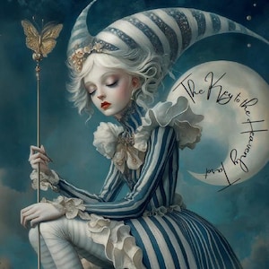 以下が含まれることがあります： 青と白のストライプのドレスと帽子を着た人物が、蝶の付いた金の杖を持っている芸術的なイラスト。 「The Key to the Heavenly Tarot」というテキストが三日月の上に書かれています。