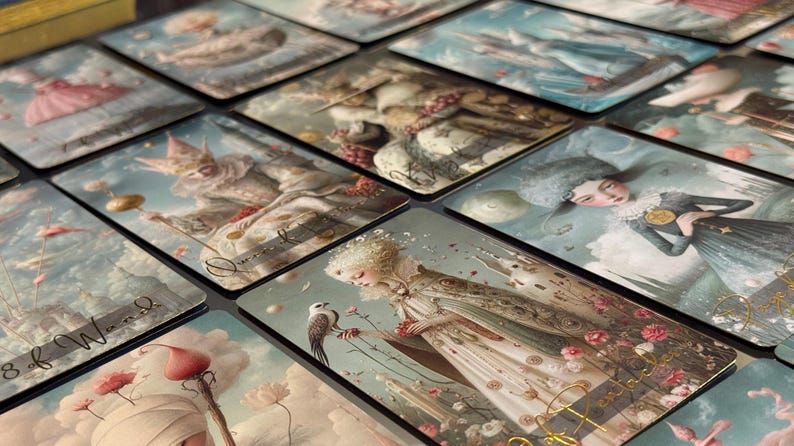 May include: A collection of tarot cards with fantasy illustrations. The cards feature images of figures, birds, and floral elements in a soft, pastel color palette. The cards are arranged on a dark surface.