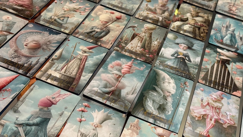 May include: A collection of fantasy art tarot cards. Each card features a unique illustration with soft colors, depicting whimsical figures in ornate costumes and surreal landscapes. The cards are arranged in a grid, showcasing the variety of designs.