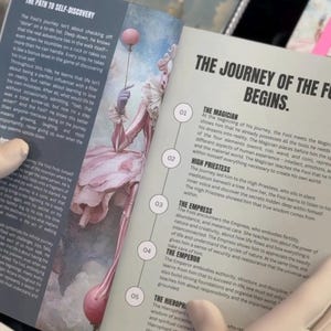 May include: An open book with the title "THE JOURNEY OF THE FOOL BEGINS" and illustrations of a tarot card deck. The pages describe the Fool's journey and the meaning of the Magician, High Priestess, Empress, Emperor, and Hierophant.