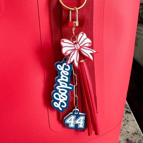 Custom 3-Charm Team and Number Bag Tag w/ Tassel | Sports Mom Cheer Key Chains | School Spirit | Personalized Mix and Match Colors Available