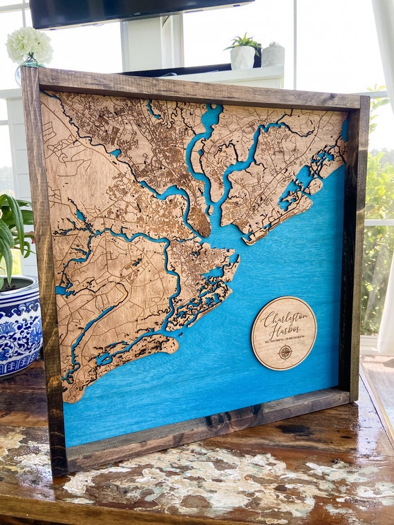 Framed Wood Map | Laser-Engraved Lake Map | Charleston Harbor | South Carolina | Hand-Crafted Decor | Coastal Waterways Art