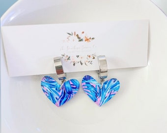Lilly-Inspired Heart Huggies | Bright Blue Pattern Earrings | Stainless Steel Dangle Earrings | Bold Abstract Valentine Jewelry Accessories