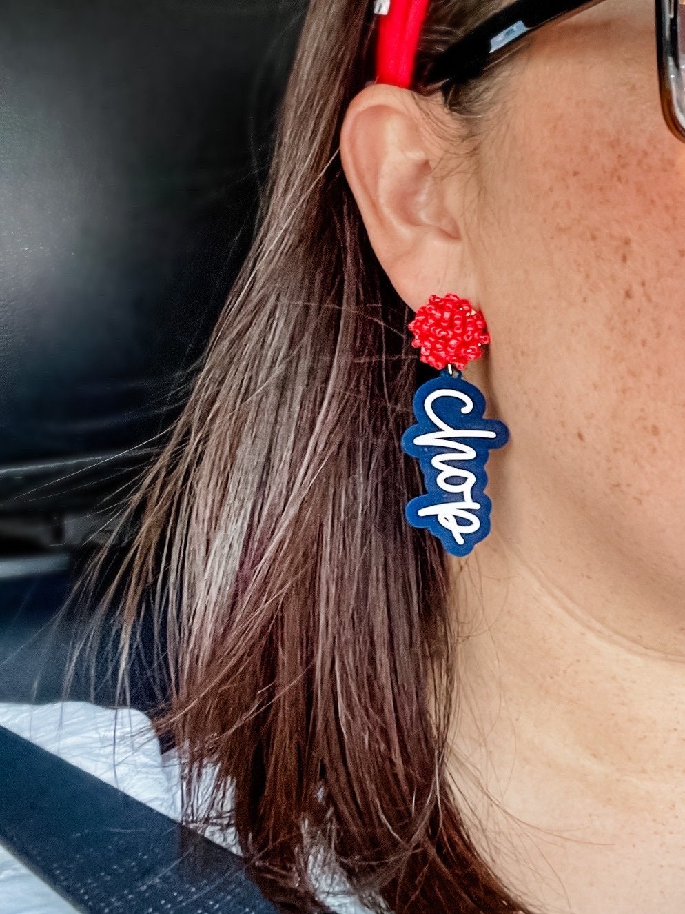Script Spirit Earrings | Cheer Seed Bead Pom | School Colors | Team Game Day Mix & Match | Custom | High College Sports | Mascot | Player #