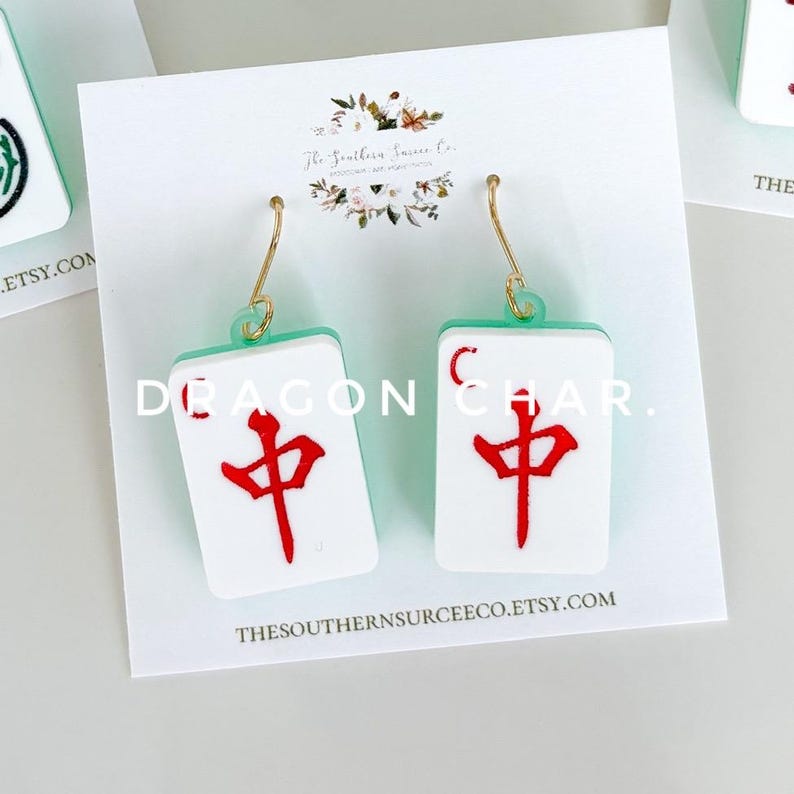 Mahjong Tile Drop Earrings | Preppy Grand Millennial Accessories | Lightweight Jewelry | Multiple Colors Available Dark | Dragon Char.