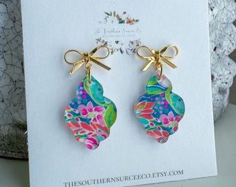 Colorful Floral Drop Earrings | Dainty Preppy Lilly-Inspired Accessories | Bright Spring Jewelry | Lightweight Drop Earrings | Pearls & Bows