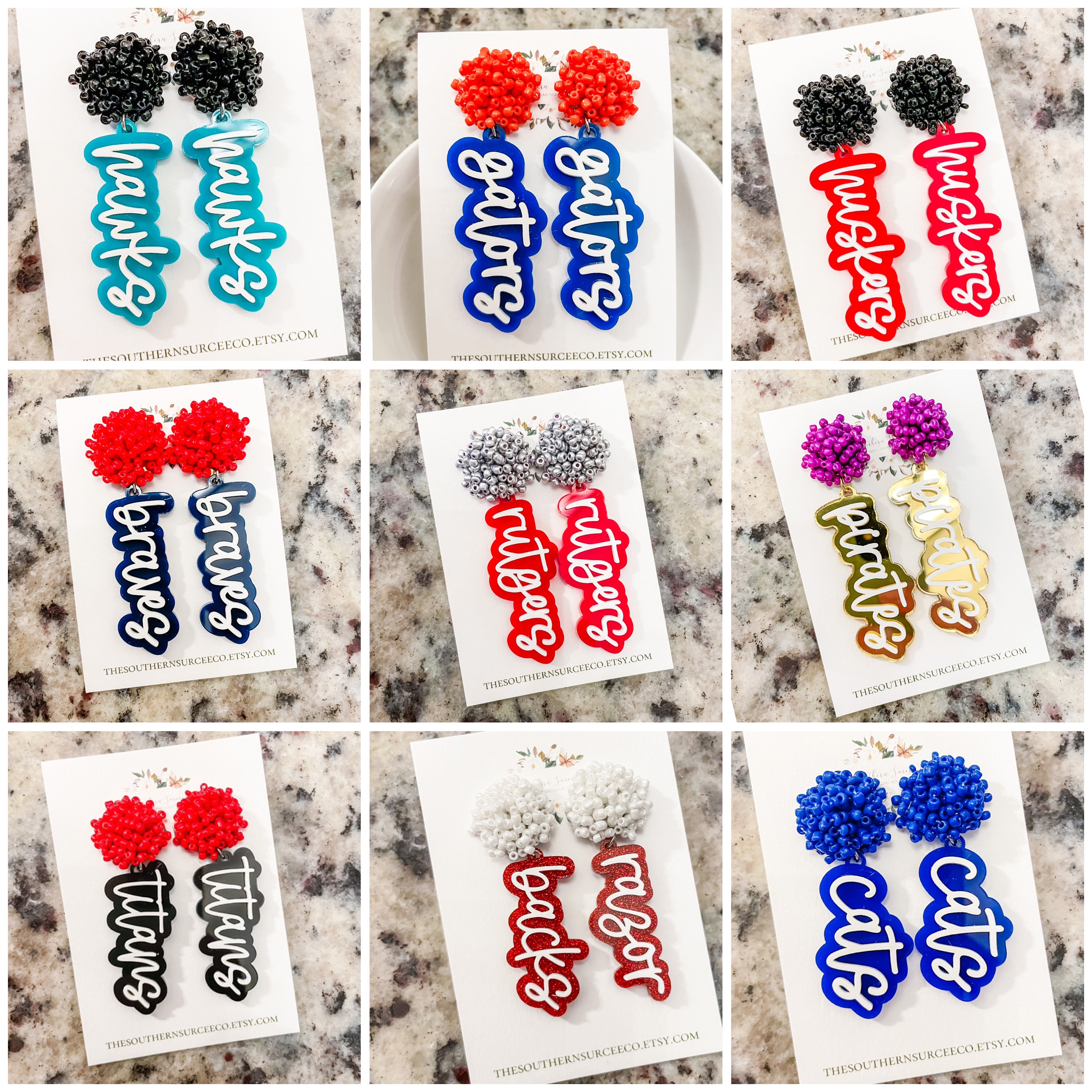 Script Spirit Earrings | Cheer Seed Bead Pom | School Colors | Team Game Day Mix & Match | Custom | High College Sports | Mascot | Player #