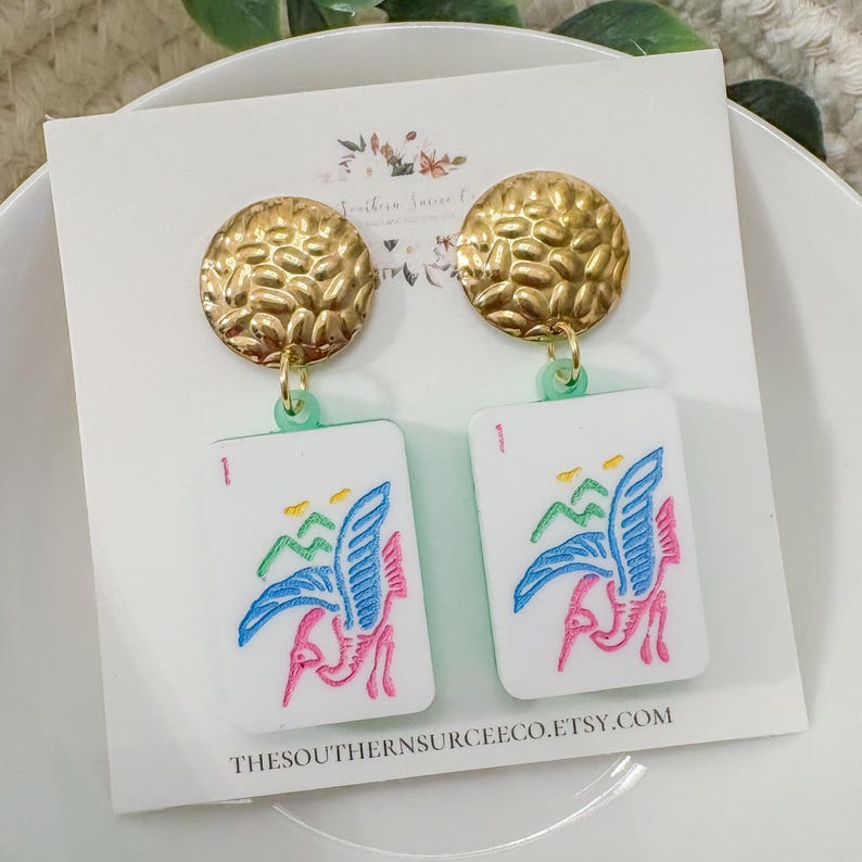 Mahjong Tile Drop Earrings | Preppy Grand Millennial Accessories | Lightweight Jewelry | Multiple Colors Available Neon | Bam Bird