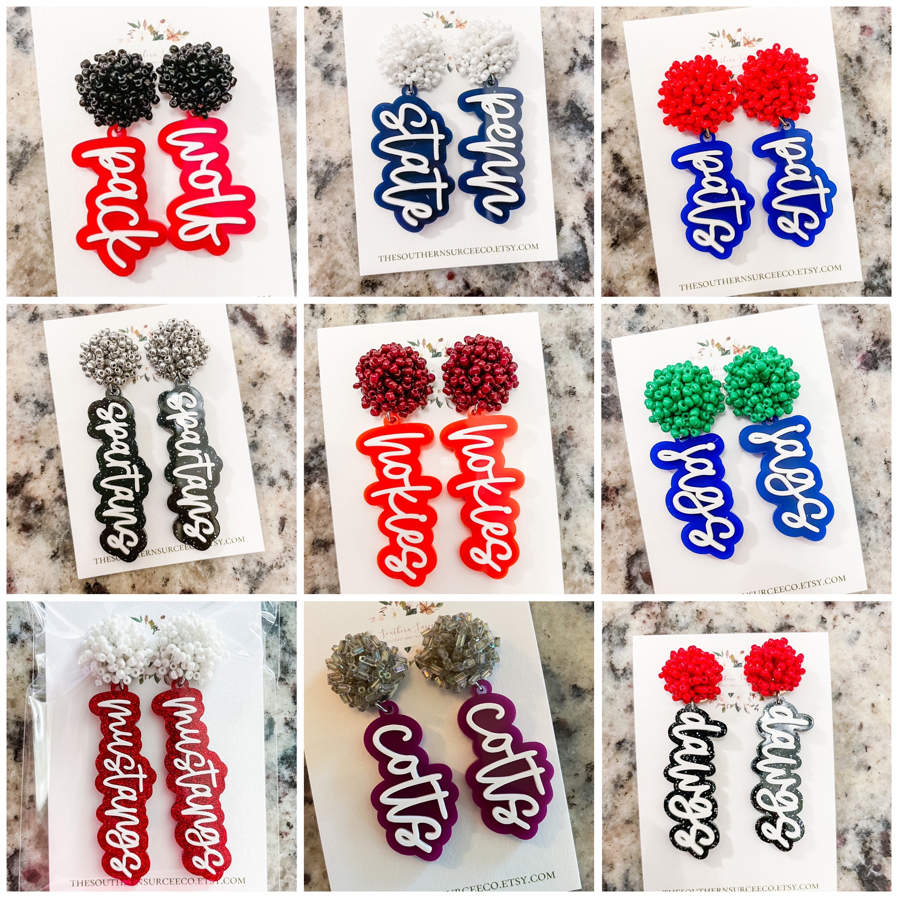 Script Spirit Earrings | Cheer Seed Bead Pom | School Colors | Team Game Day Mix & Match | Custom | High College Sports | Mascot | Player #