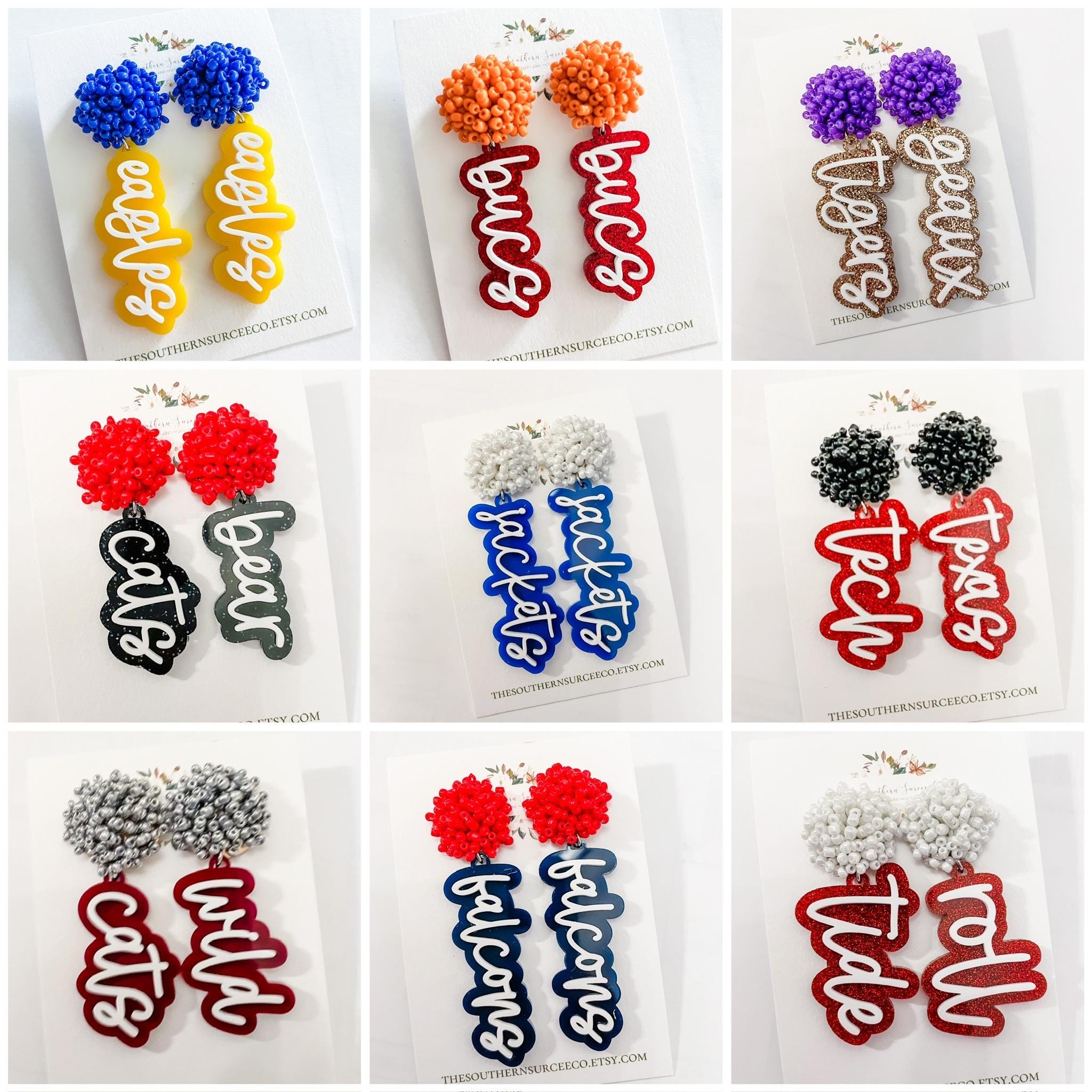 Script Spirit Earrings | Cheer Seed Bead Pom | School Colors | Team Game Day Mix & Match | Custom | High College Sports | Mascot | Player #