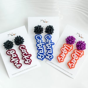 Script Spirit Earrings | Cheer Seed Bead Pom | School Colors | Team Game Day Mix & Match | Custom | High College Sports | Mascot | Player #