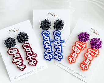Script Spirit Earrings | Cheer Seed Bead Pom | School Colors | Team Game Day Mix & Match | Custom | High College Sports | Mascot | Player #
