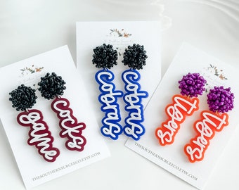 Script Spirit Earrings | Cheer Seed Bead Pom | School Colors | Team Game Day Mix & Match | Custom | High College Sports | Mascot | Player #