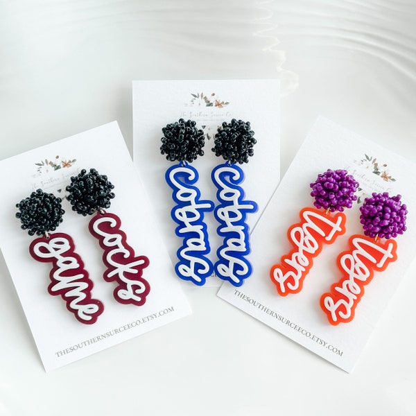 Script Spirit Earrings | Cheer Seed Bead Pom | School Colors | Team Game Day Mix & Match | Custom | High College Sports | Mascot | Player #